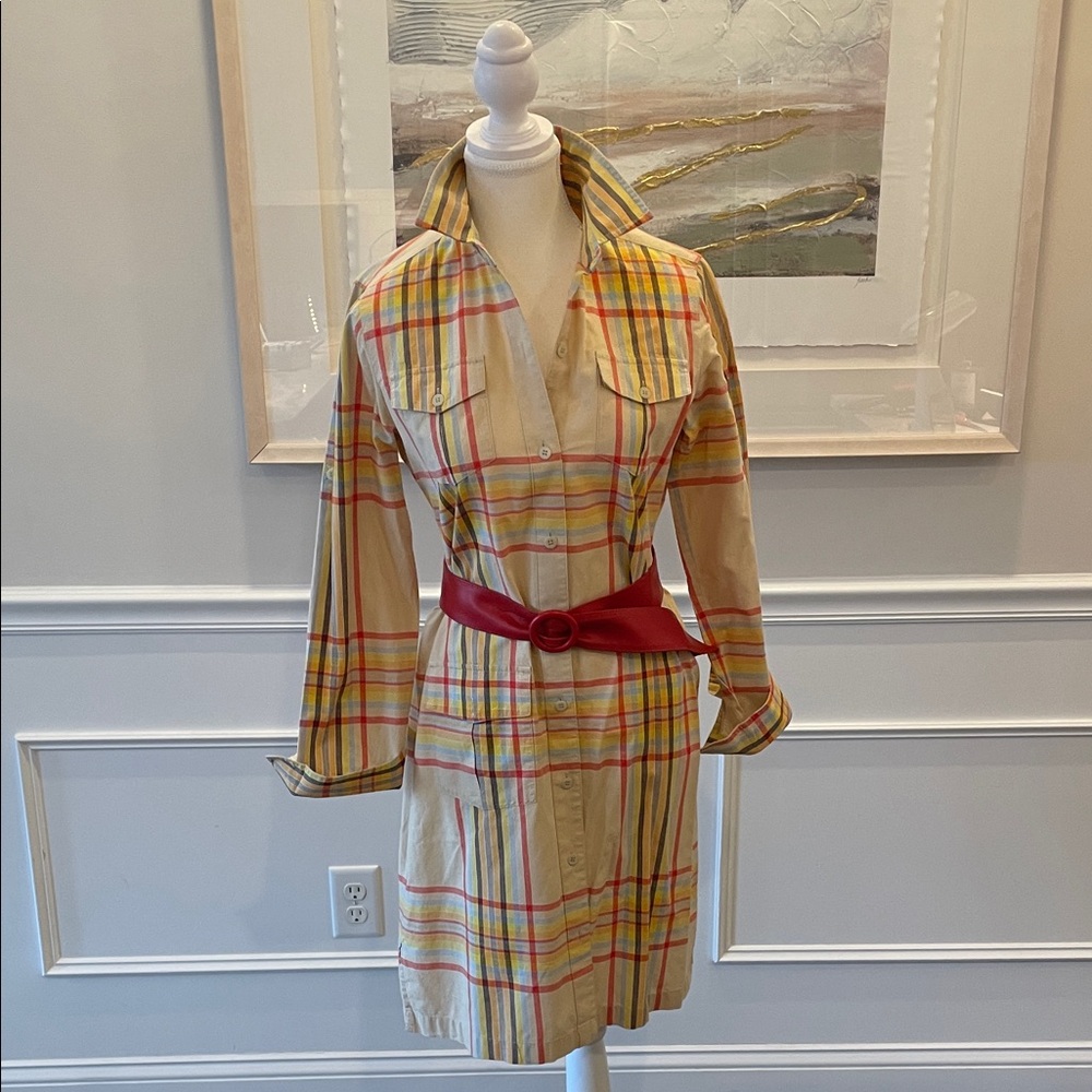 L.L. Bean Plaid Midi Dress with Red Belt